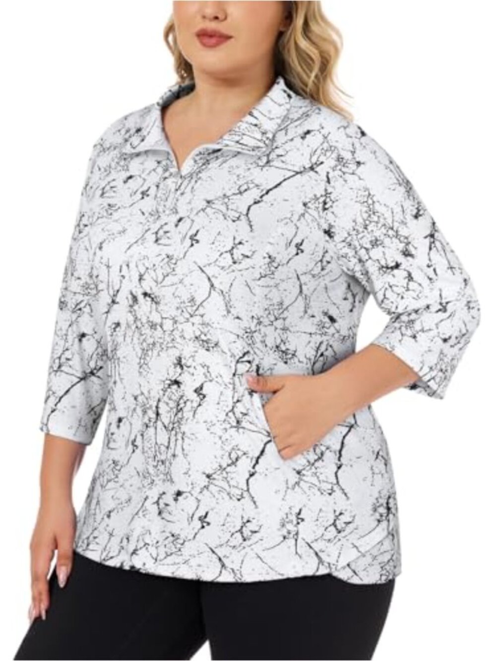 Plus Size Women's Golf Polo Shirt 3/4 Sleeve Quarter Zip Moisture Wicking